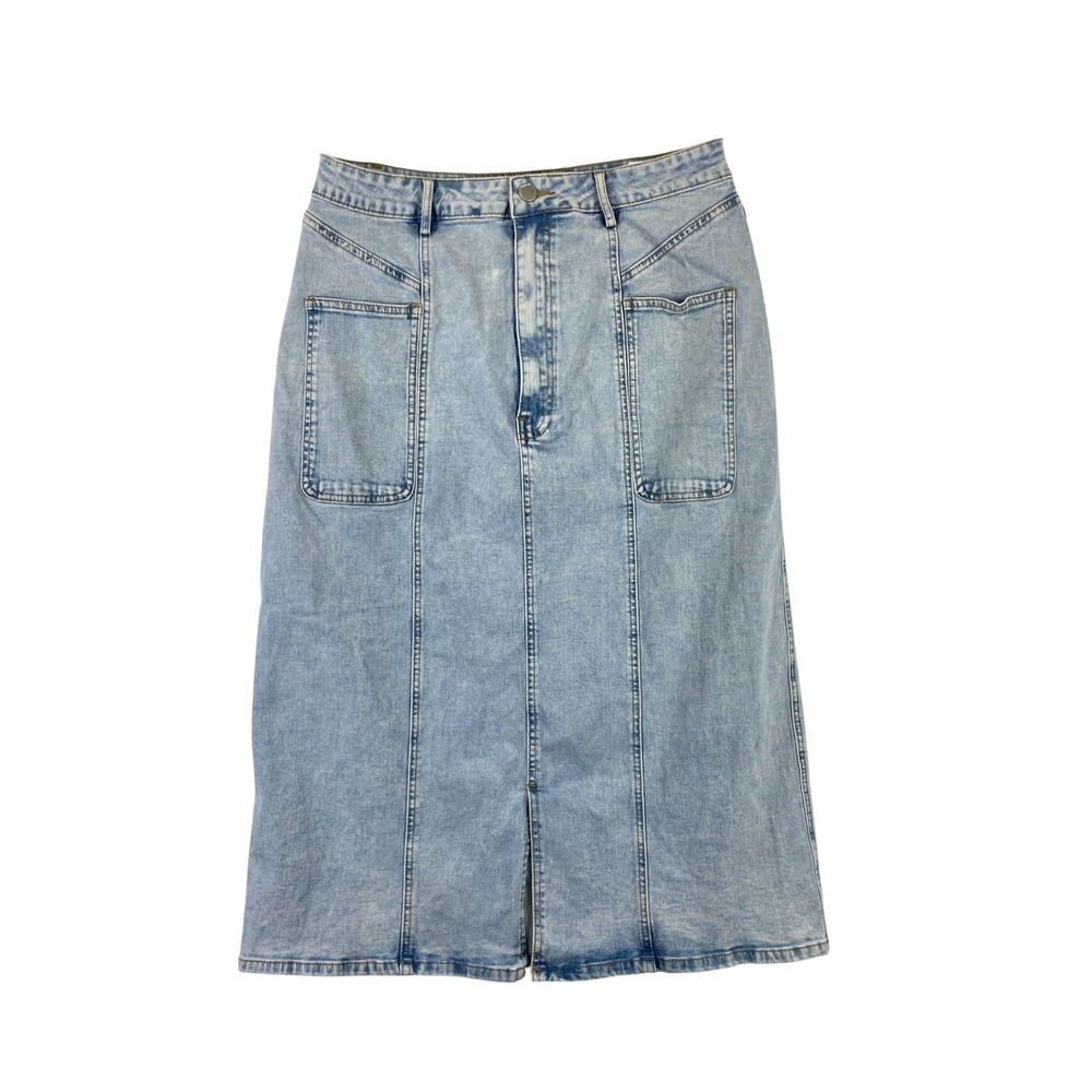 Polagram Denim Midi Skirt Women's Size L Light Wash Button Fly Pockets